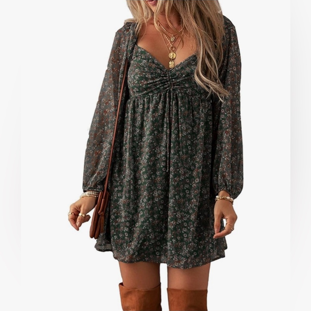 New- Floral Green Chiffon Dress